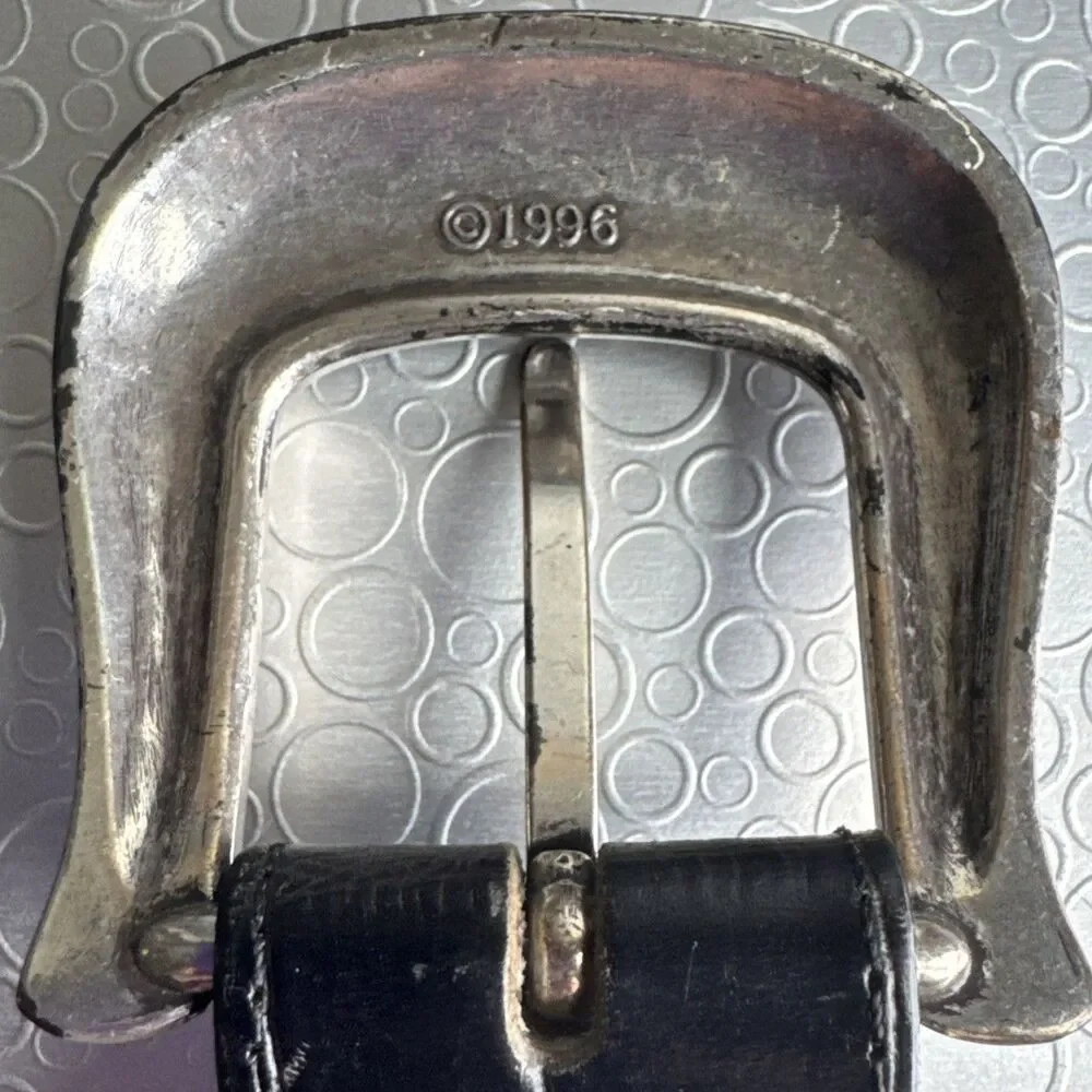 Vintage Brighton Black Croc Embossed Leather Belt S Faux Pearl Buckle 23503